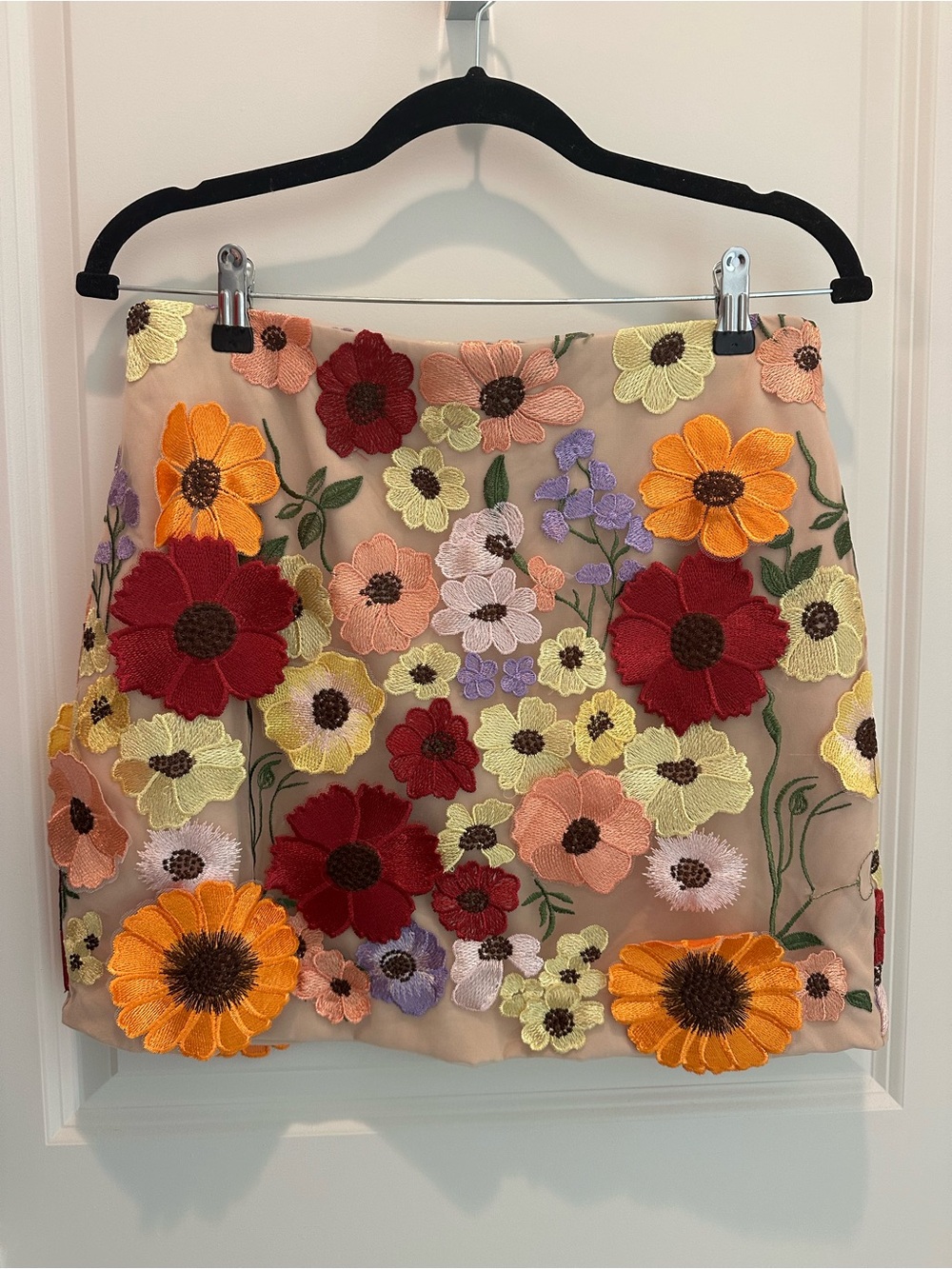 Vici Beige Mini Skirt with Multicolor Floral Embroidery